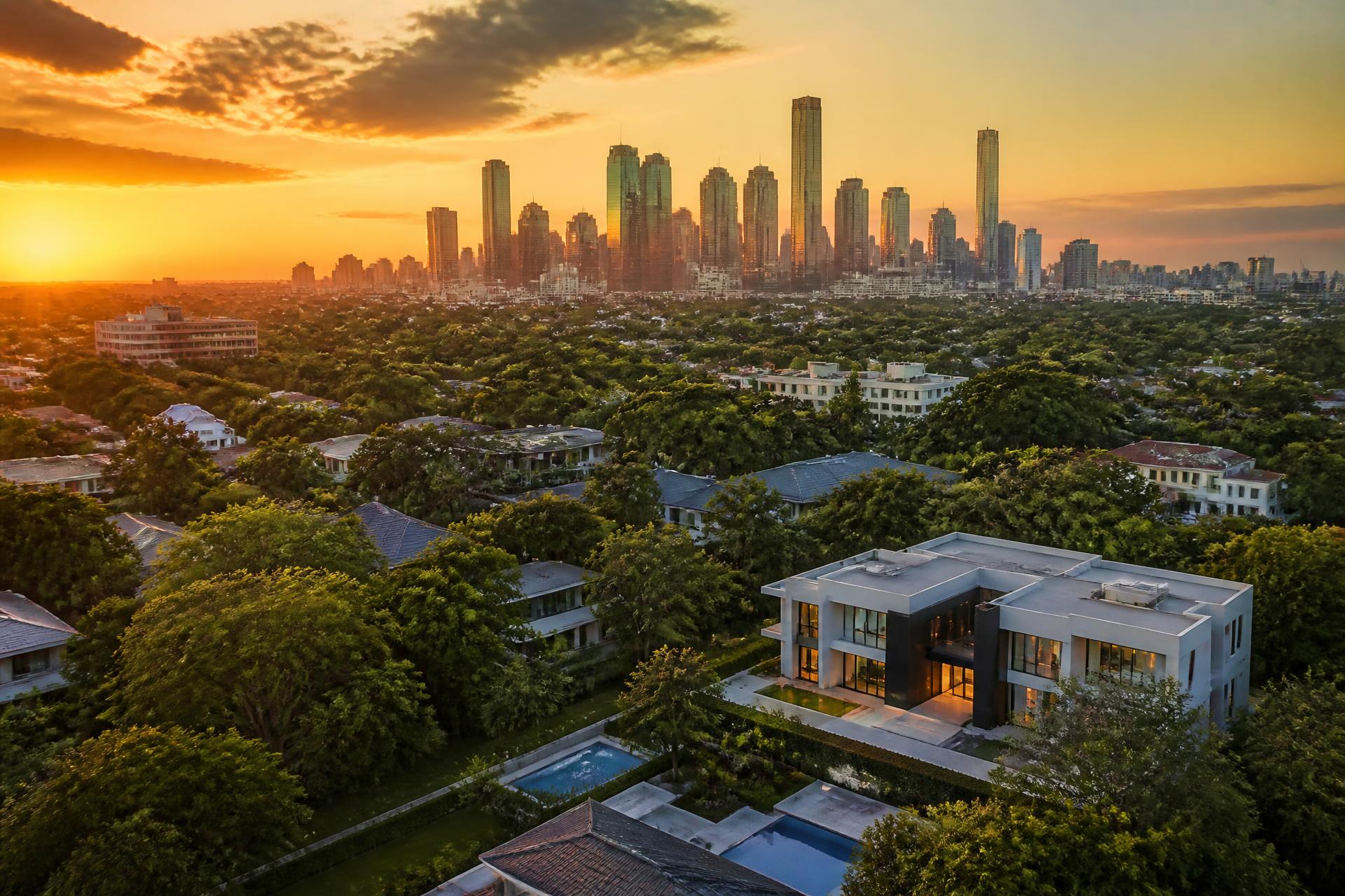 Aerial view of Houston at golden hour with luxury residential homes